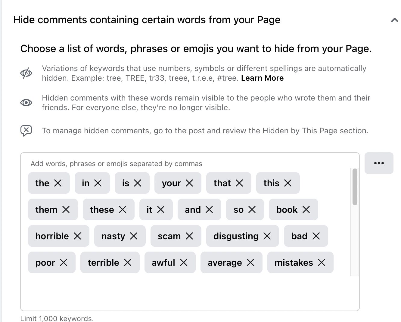 FB remove bad words